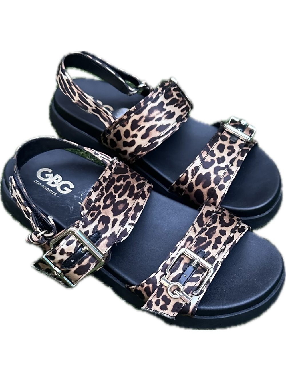 GBG Los Angeles Leopard Print Buckle Strap Sandals - Black/Leopard